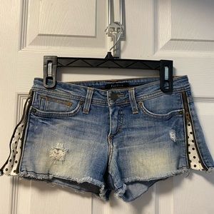 Bebe Blue Cutoff Frayed Side Zip Mini Jean Shorts Size 25